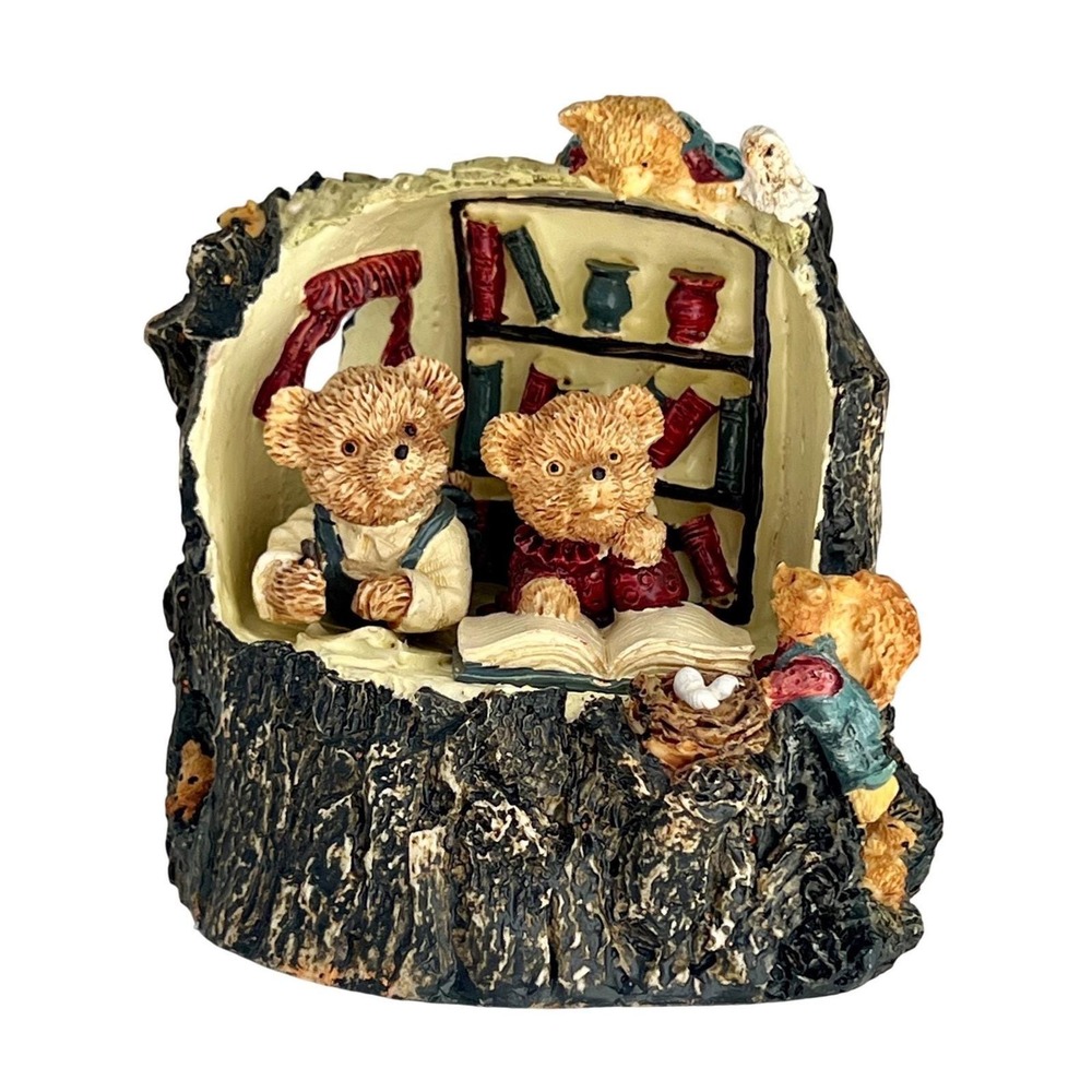 Vintage‎ Teddy Bear Library Music Box Figurine Woodland Tree Stump Reading Decor